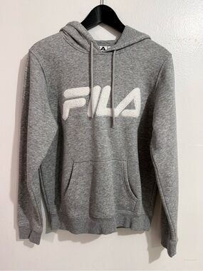 FILA Women’s Gray Pullover Fleece Logo Kangaroo Pocket Drawstring Hoodie Size M